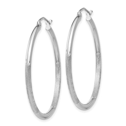 10K White Gold Satin And Diamond-Cut 2mm Round Hoop Earrings