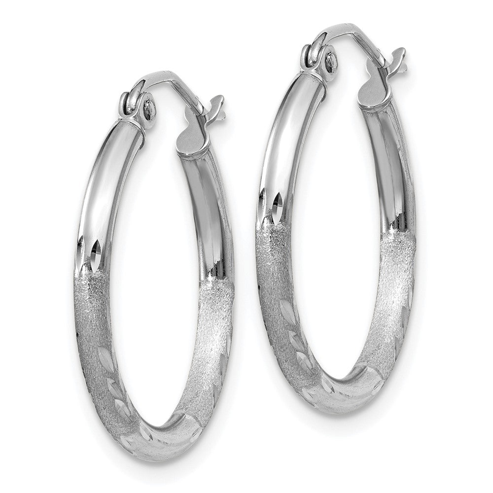10K White Gold Satin And Diamond-Cut 2mm Round Hoop Earrings