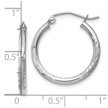 10K White Gold Satin And Diamond-Cut 2mm Round Hoop Earrings