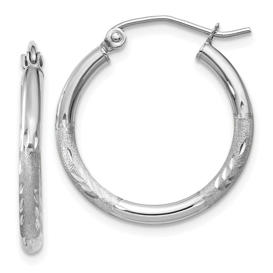 10K White Gold Satin And Diamond-Cut 2mm Round Hoop Earrings