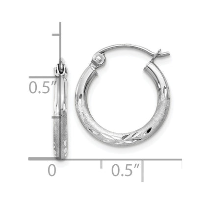 10K White Gold Satin And Diamond-Cut 2mm Round Hoop Earrings