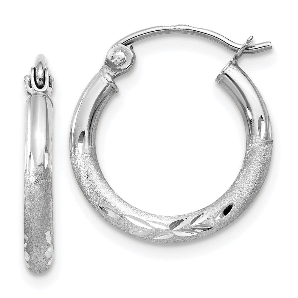 10K White Gold Satin And Diamond-Cut 2mm Round Hoop Earrings