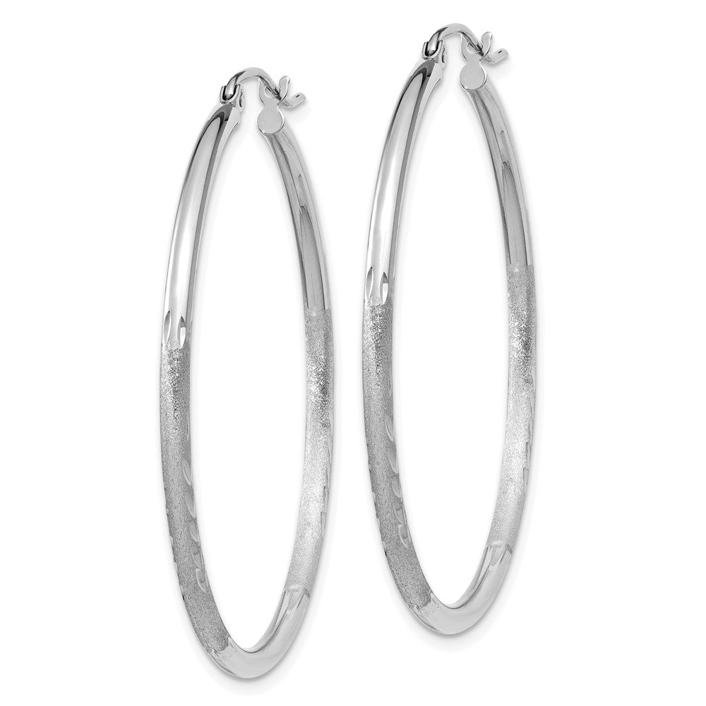 10K White Gold Satin And Diamond-Cut 2mm Round Hoop Earrings