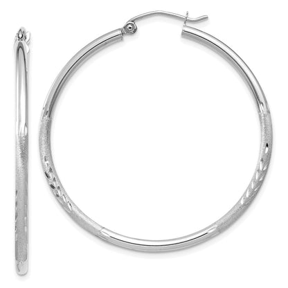 10K White Gold Satin And Diamond-Cut 2mm Round Hoop Earrings