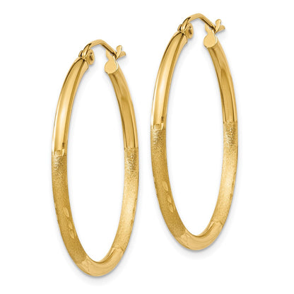10K Yellow Gold Satin And Diamond-Cut 2mm Round Tube Hoop Earrings