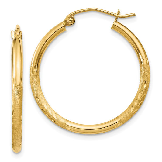 10K Yellow Gold Satin And Diamond-Cut 2mm Round Tube Hoop Earrings