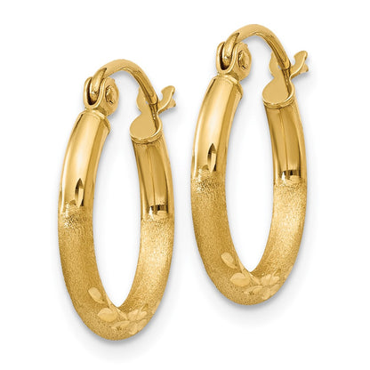 10K Yellow Gold Satin And Diamond-Cut 2mm Round Tube Hoop Earrings