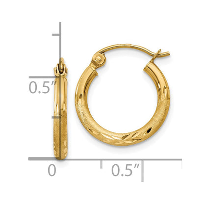 10K Yellow Gold Satin And Diamond-Cut 2mm Round Tube Hoop Earrings