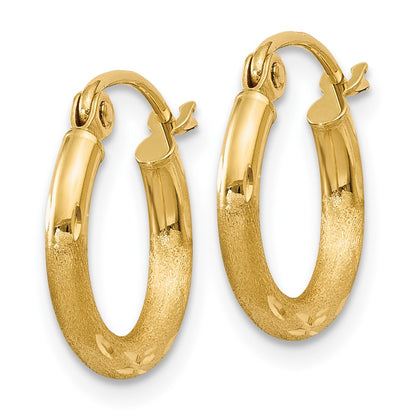 10K Yellow Gold Satin And Diamond-Cut 2mm Round Tube Hoop Earrings