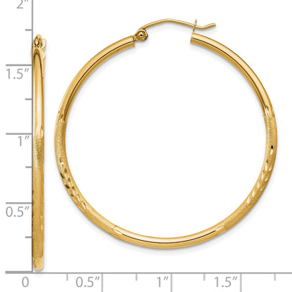 10K Yellow Gold Satin And Diamond-Cut 2mm Round Tube Hoop Earrings