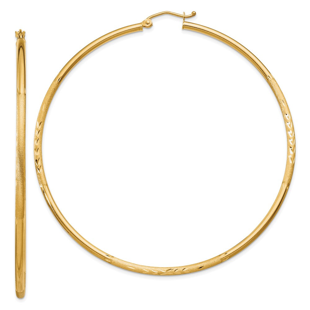 10K Yellow Gold Satin And Diamond-Cut 2mm Round Tube Hoop Earrings