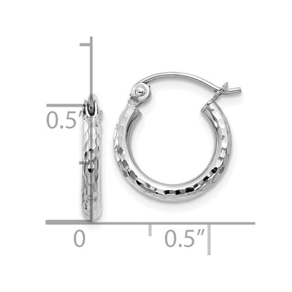 10K White Gold Diamond-Cut 2mm Round Tube Hoop Earrings