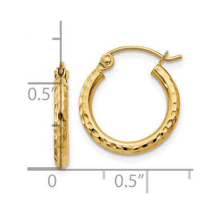 10K Yellow Gold Diamond-Cut 2mm Round Tube Hoop Earrings