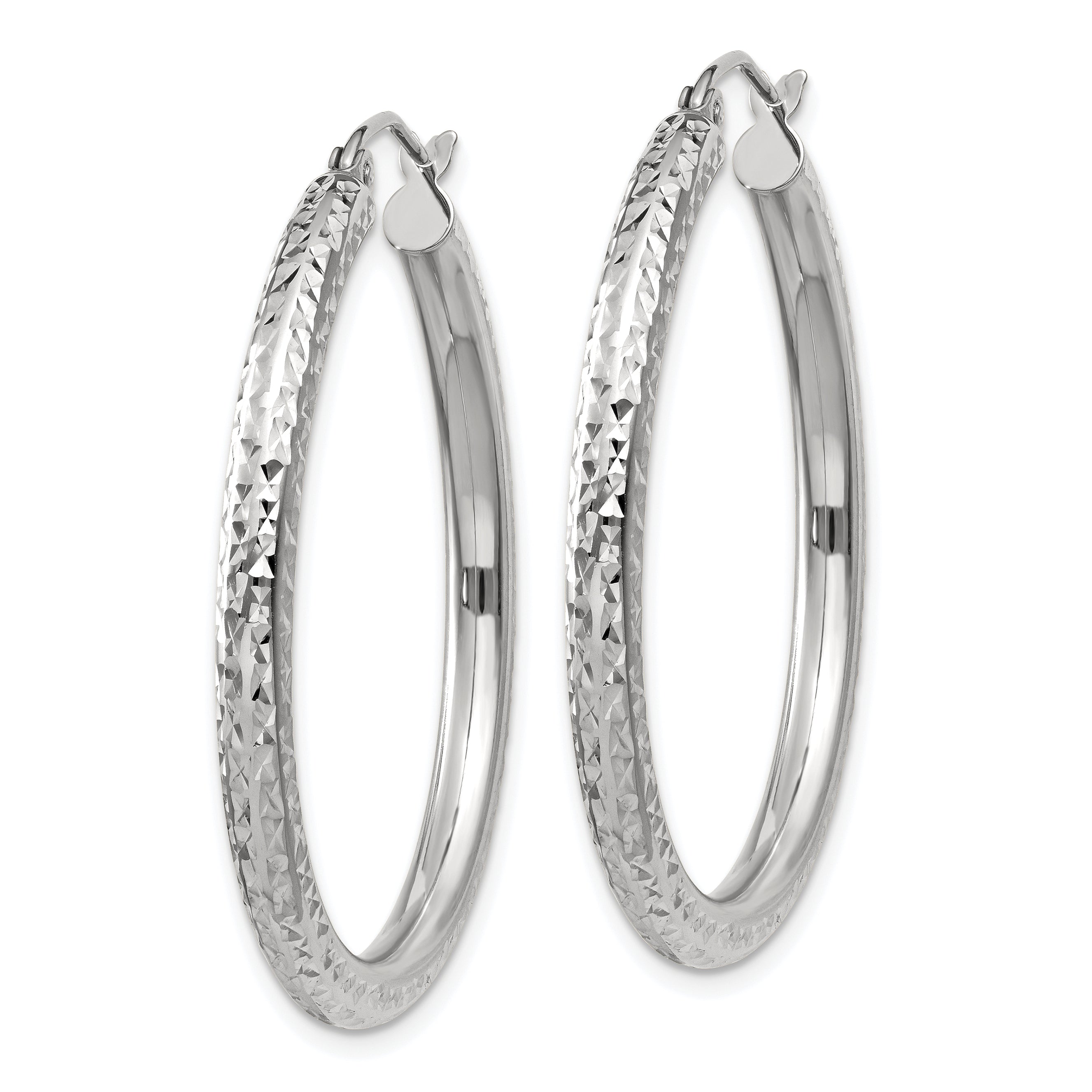 10K White Gold Diamond-Cut 3mm Round Hoop Earrings