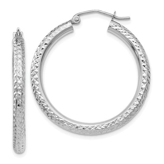 10K White Gold Diamond-Cut 3mm Round Hoop Earrings