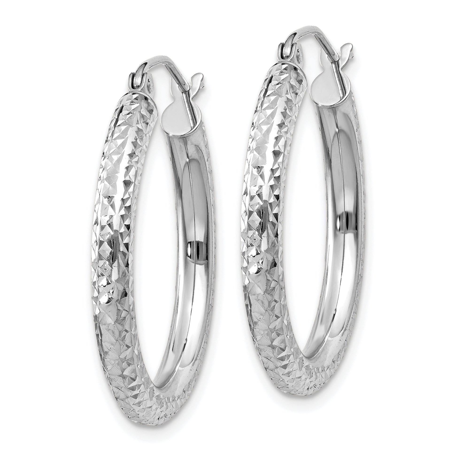 10K White Gold Diamond-Cut 3mm Round Hoop Earrings