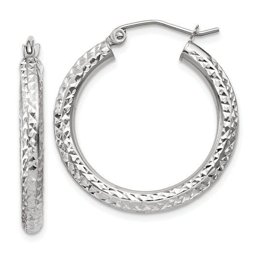 10K White Gold Diamond-Cut 3mm Round Hoop Earrings