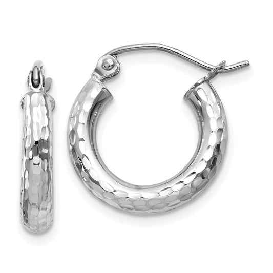 10K White Gold Diamond-Cut 3mm Round Hoop Earrings