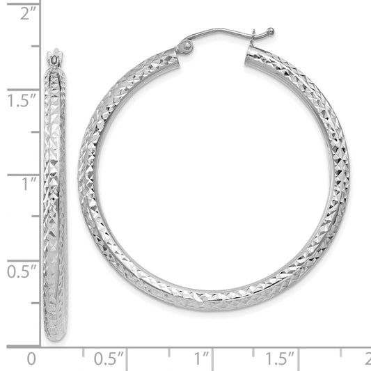 10K White Gold Diamond-Cut 3mm Round Hoop Earrings
