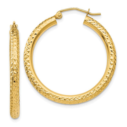 10K Yellow Gold Diamond-Cut 3mm Round Hoop Earrings