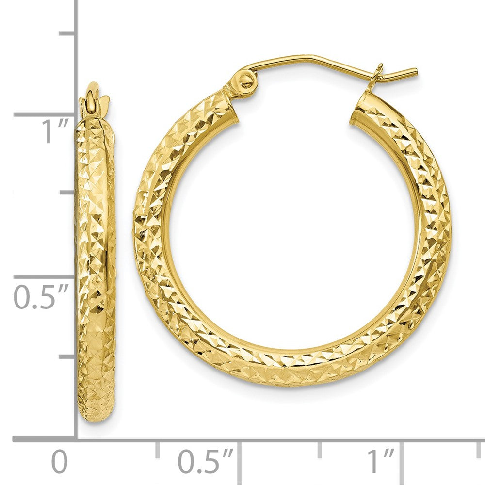 10K Yellow Gold Diamond-Cut 3mm Round Hoop Earrings