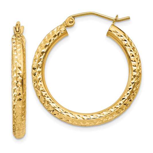 10K Yellow Gold Diamond-Cut 3mm Round Hoop Earrings