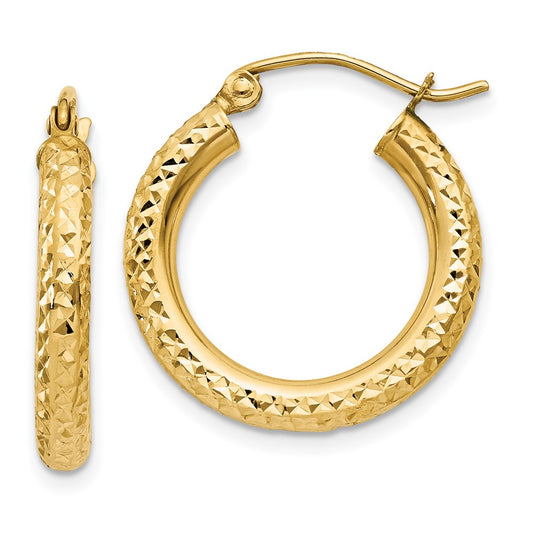 10K Yellow Gold Diamond-Cut 3mm Round Hoop Earrings