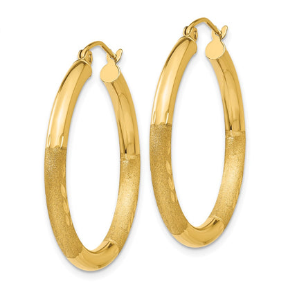 10K Yellow Gold Satin & Diamond-Cut 3mm Round Hoop Earrings