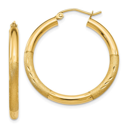 10K Yellow Gold Satin & Diamond-Cut 3mm Round Hoop Earrings