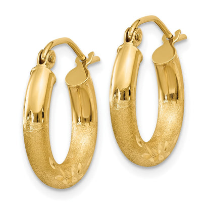 10K Yellow Gold Satin & Diamond-Cut 3mm Round Hoop Earrings