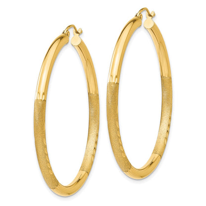 10K Yellow Gold Satin & Diamond-Cut 3mm Round Hoop Earrings