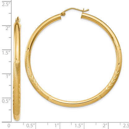 10K Yellow Gold Satin & Diamond-Cut 3mm Round Hoop Earrings