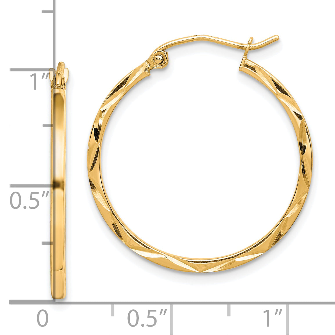 10K Yellow Gold 1.5X25mm Diamond Cut Hoop Earrings