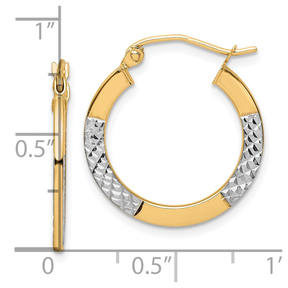 10K Yellow W/Rhodium & Rhodium Diamond Cut 2.5X20mm Hoop Earrings