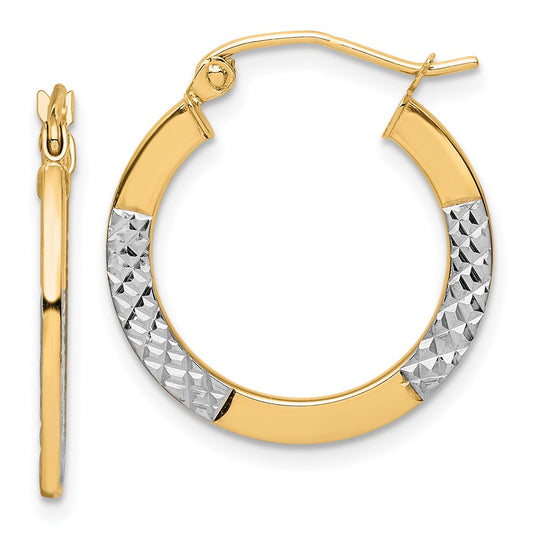 10K Yellow W/Rhodium & Rhodium Diamond Cut 2.5X20mm Hoop Earrings