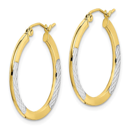 10K Yellow W/Rhodium & Rhodium Diamond Cut 2.5X20mm Hoop Earrings