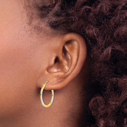 10K Yellow W/Rhodium & Rhodium Diamond Cut 2.5X20mm Hoop Earrings