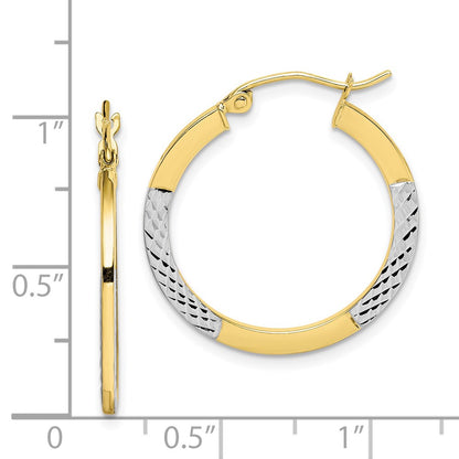 10K Yellow W/Rhodium & Rhodium Diamond Cut 2.5X20mm Hoop Earrings