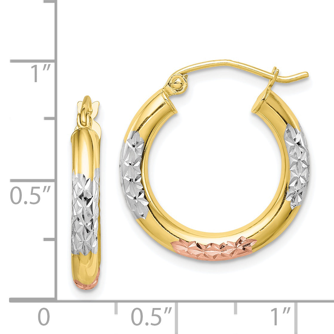 10K Yellow W/Rhodium White & Rose Rhodium D/C 3X20mm Hoop Earrings