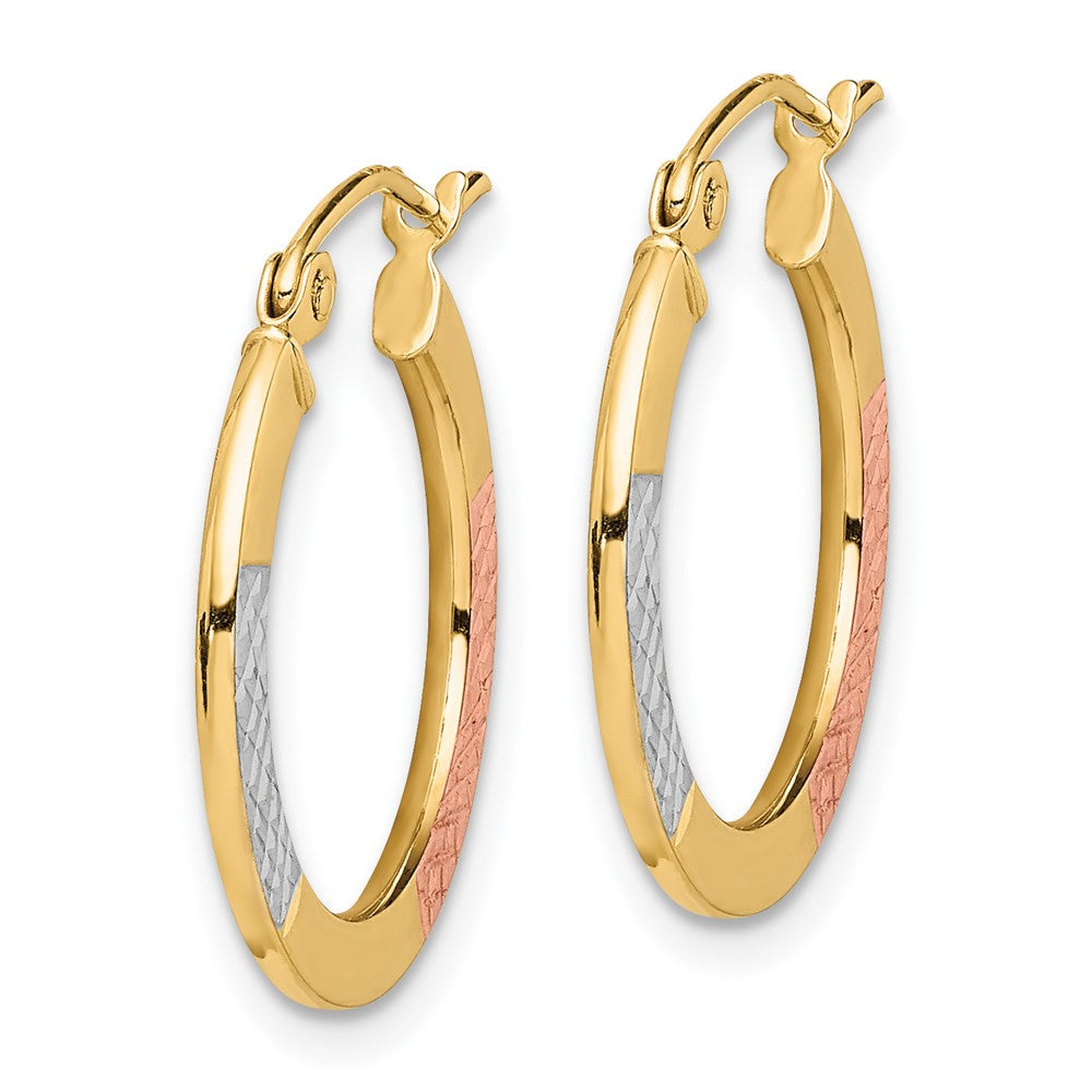 10K Yellow W/Rhodium White & Rose Rhodium D/C 2.5X20mm Hoop Earrings