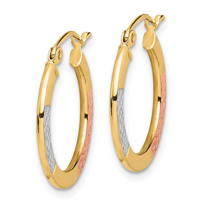 10K Yellow W/Rhodium White & Rose Rhodium D/C 2.5X20mm Hoop Earrings