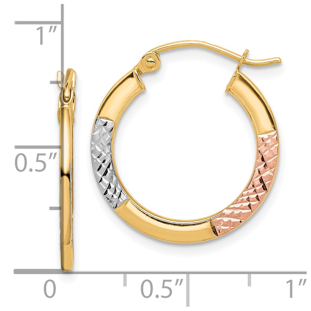 10K Yellow W/Rhodium White & Rose Rhodium D/C 2.5X20mm Hoop Earrings