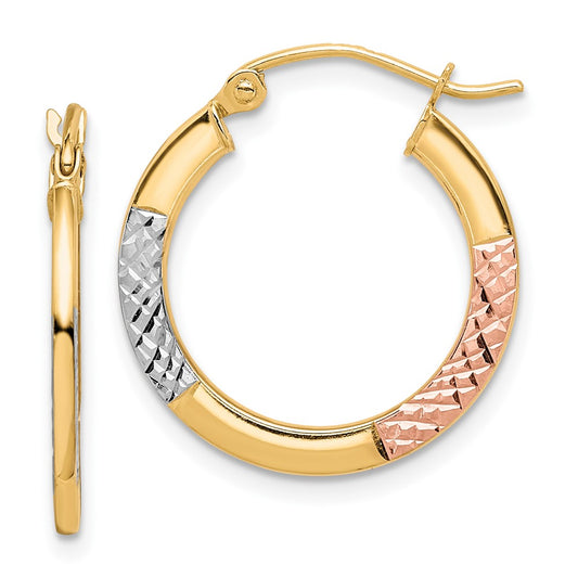 10K Yellow W/Rhodium White & Rose Rhodium D/C 2.5X20mm Hoop Earrings