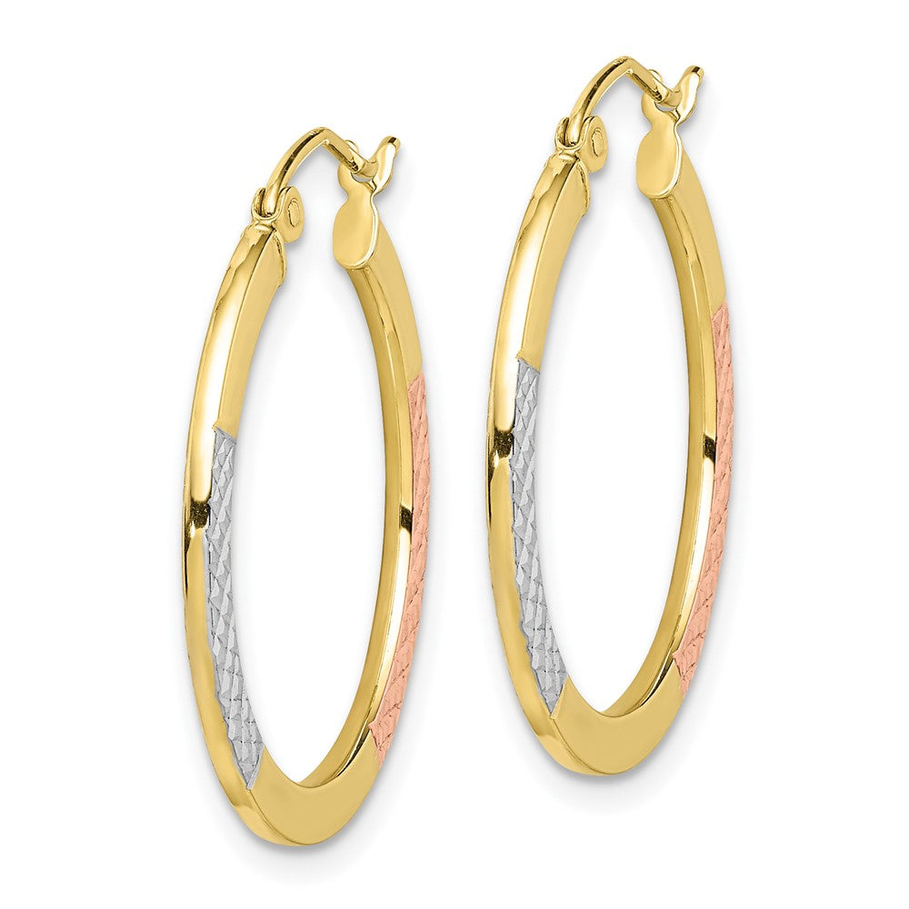 10K Yellow W/Rhodium White & Rose Rhodium D/C 2.5X25mm Hoop Earrings