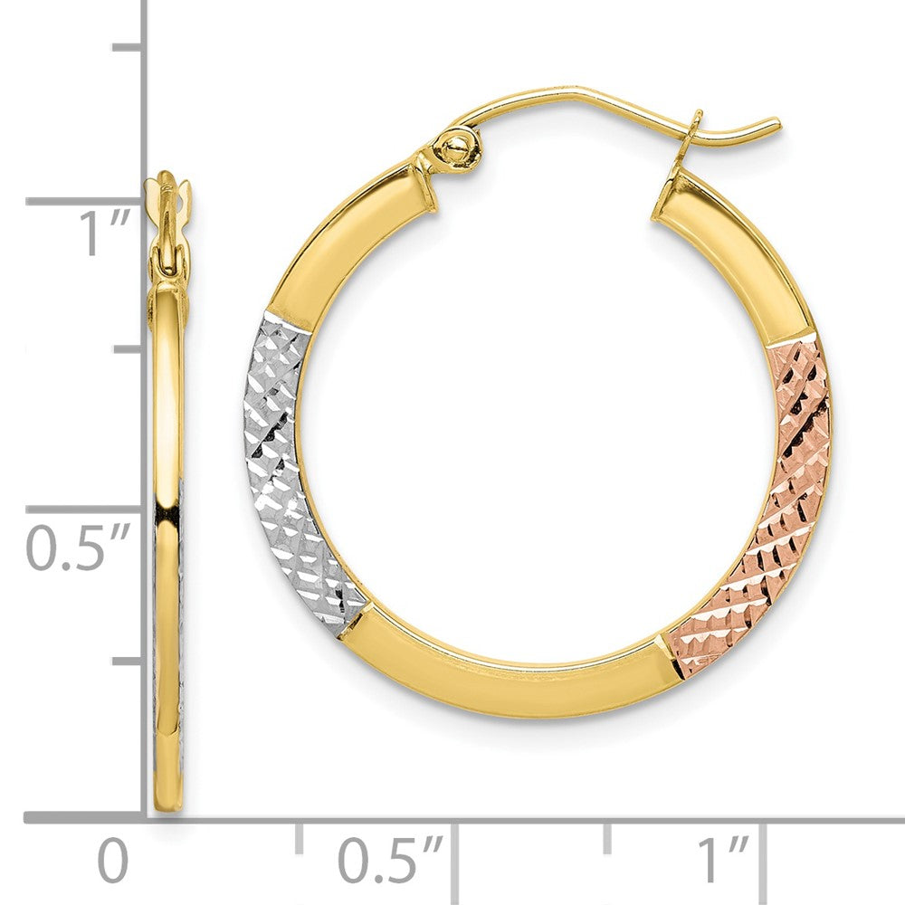 10K Yellow W/Rhodium White & Rose Rhodium D/C 2.5X25mm Hoop Earrings