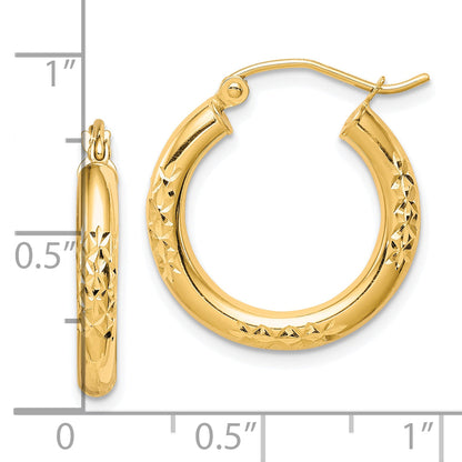 10K Yellow Gold Diamond Cut 3X20mm Hollow Tube Hoop Earrings