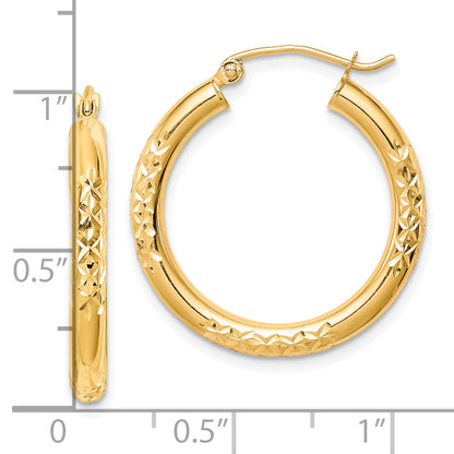 10K Yellow Gold Diamond Cut 3X25mm Hollow Tube Hoop Earrings