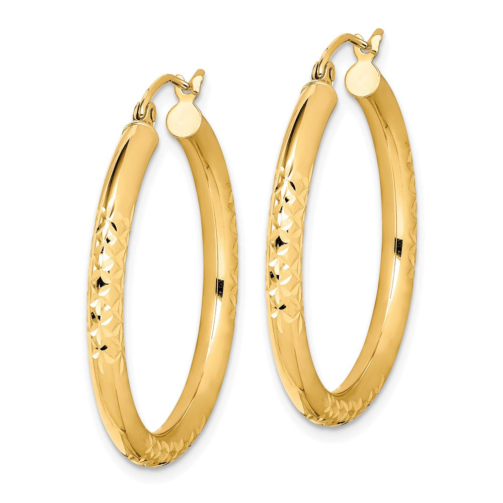 10K Yellow Gold Diamond Cut 3X30mm Hollow Tube Hoop Earrings