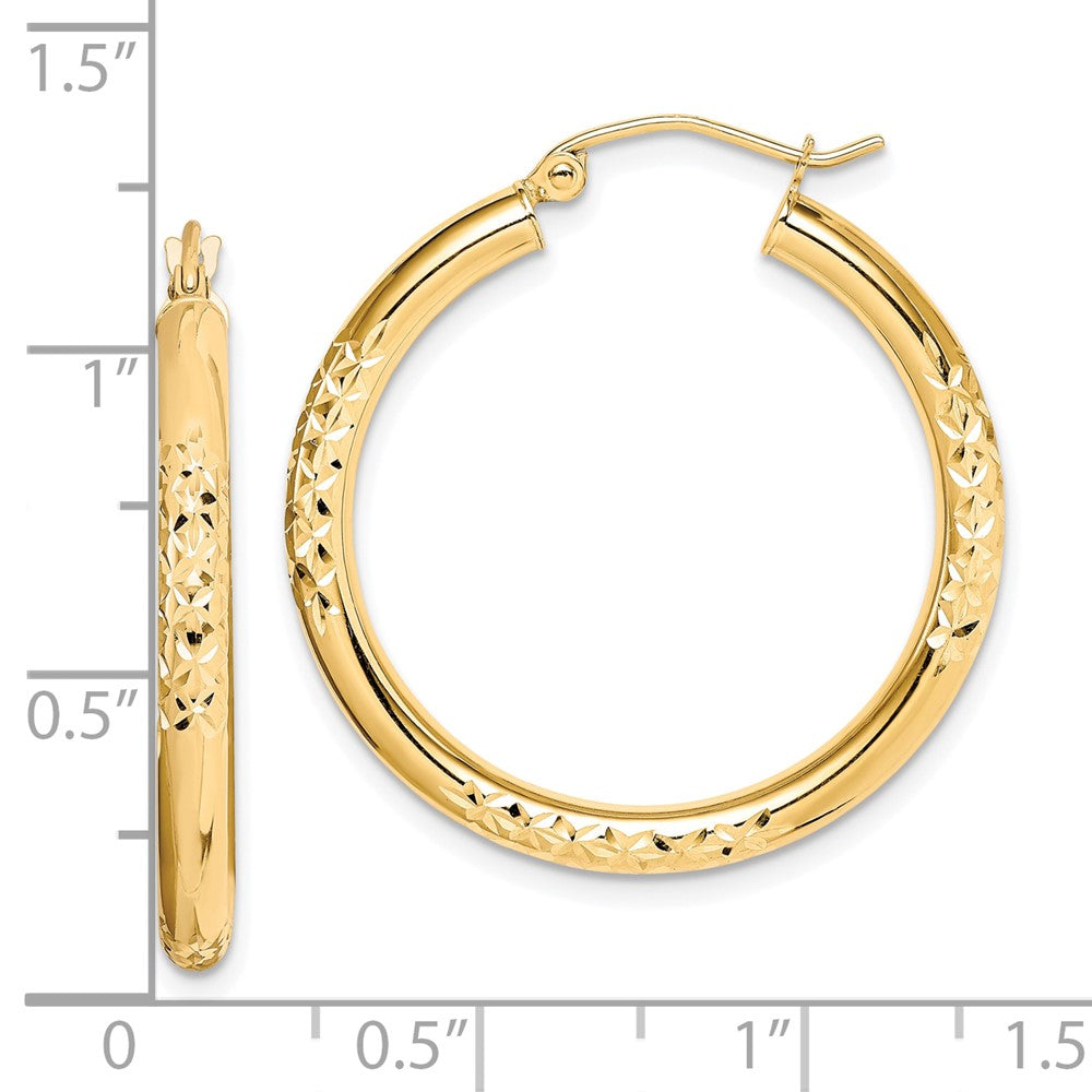 10K Yellow Gold Diamond Cut 3X30mm Hollow Tube Hoop Earrings