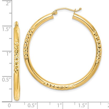 10K Yellow Gold Diamond Cut 3X40mm Hollow Tube Hoop Earrings